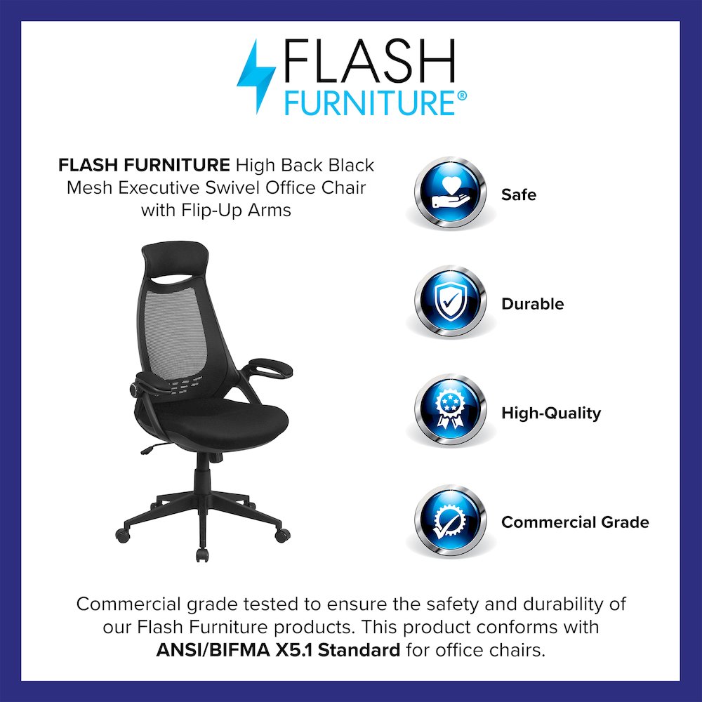 High Back Black Mesh Executive Swivel Office Chair with Flip-Up Arms. Picture 4