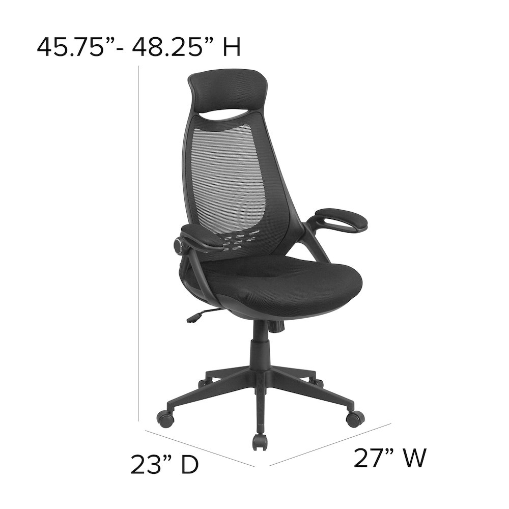 High Back Black Mesh Executive Swivel Office Chair with Flip-Up Arms. Picture 6