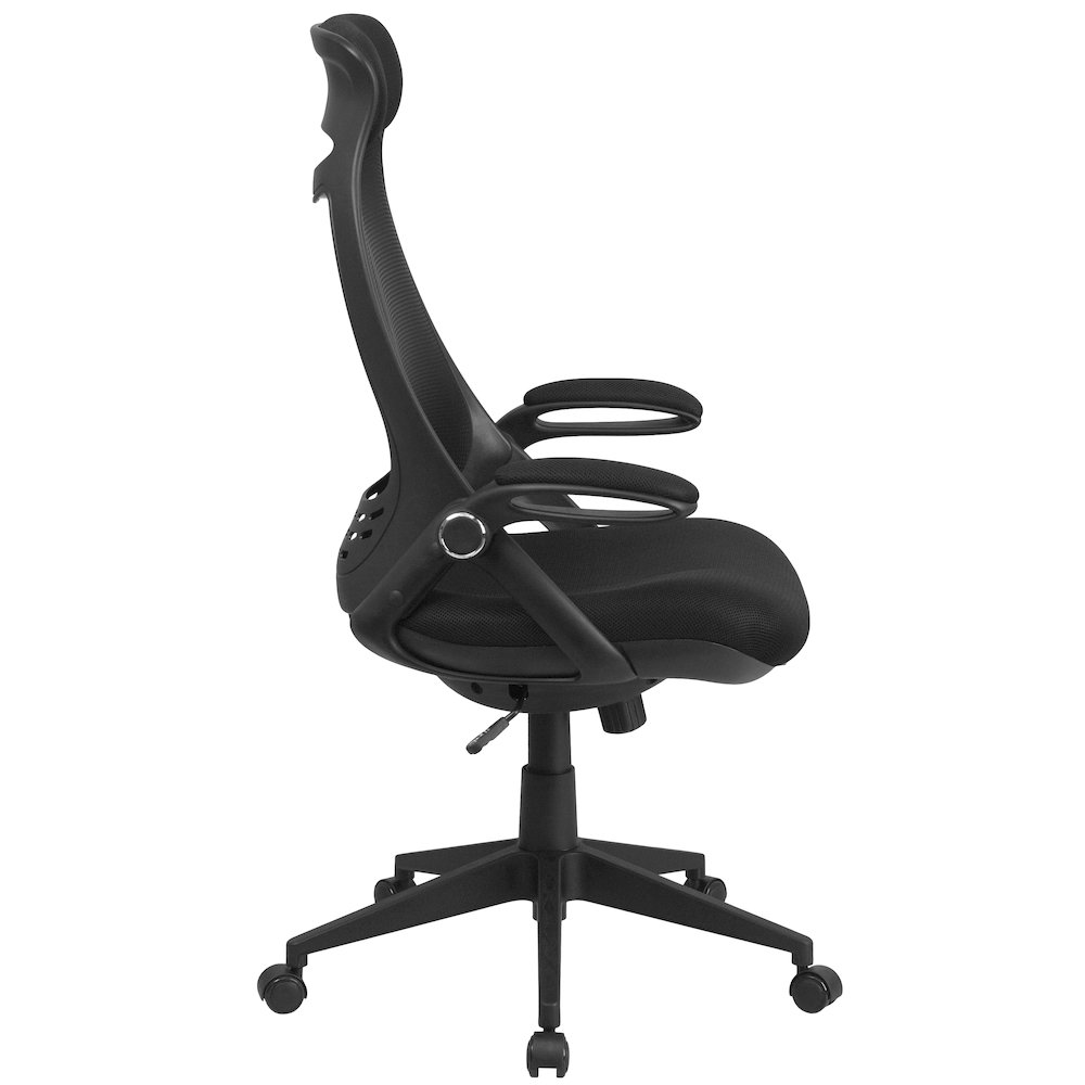 High Back Black Mesh Executive Swivel Office Chair with Flip-Up Arms. Picture 9