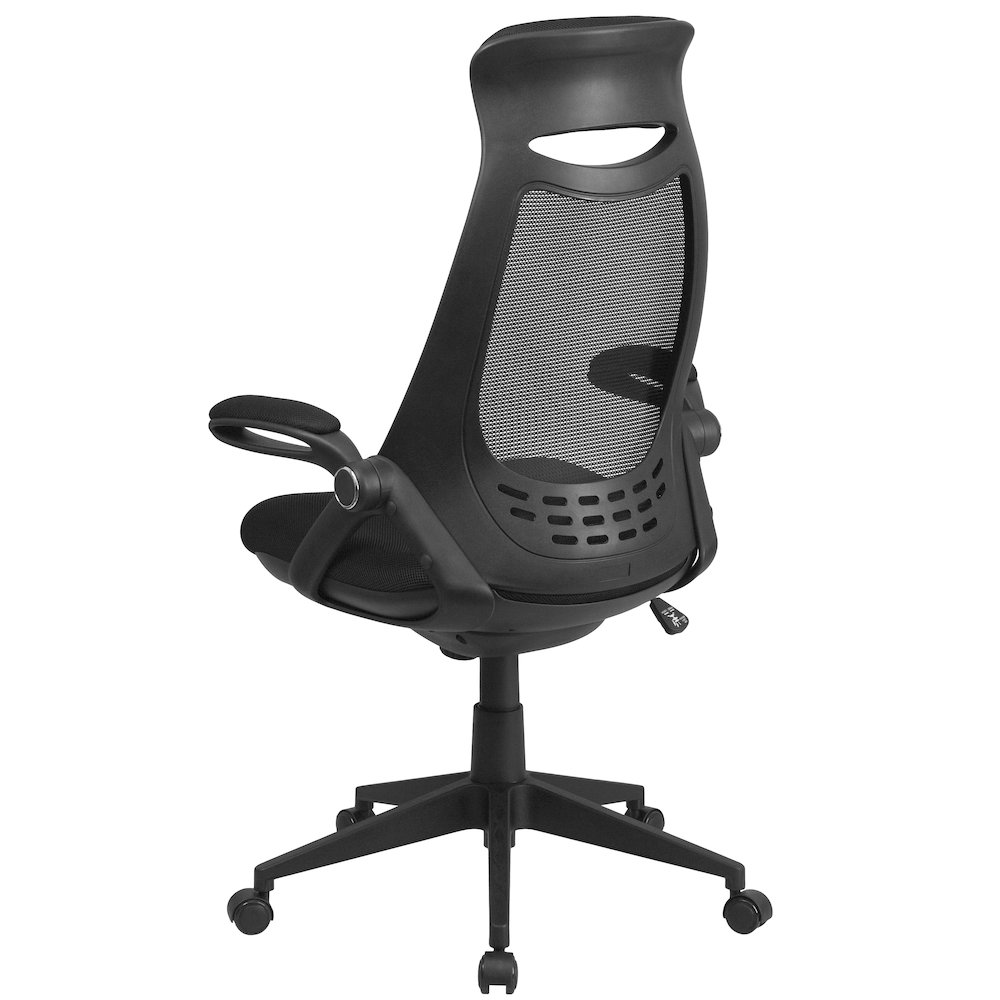 High Back Black Mesh Executive Swivel Office Chair with Flip-Up Arms. Picture 7