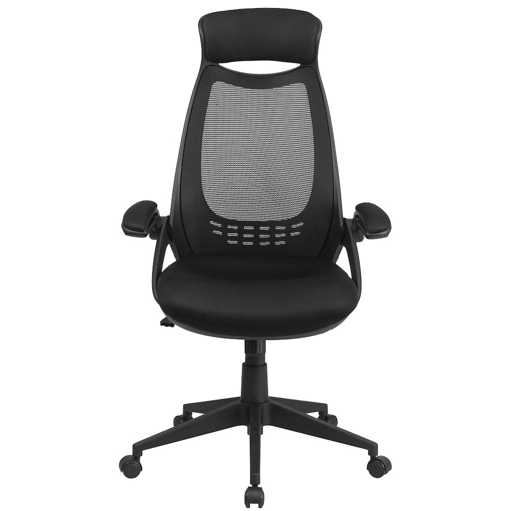 High Back Black Mesh Executive Swivel Office Chair with Flip-Up Arms. Picture 10