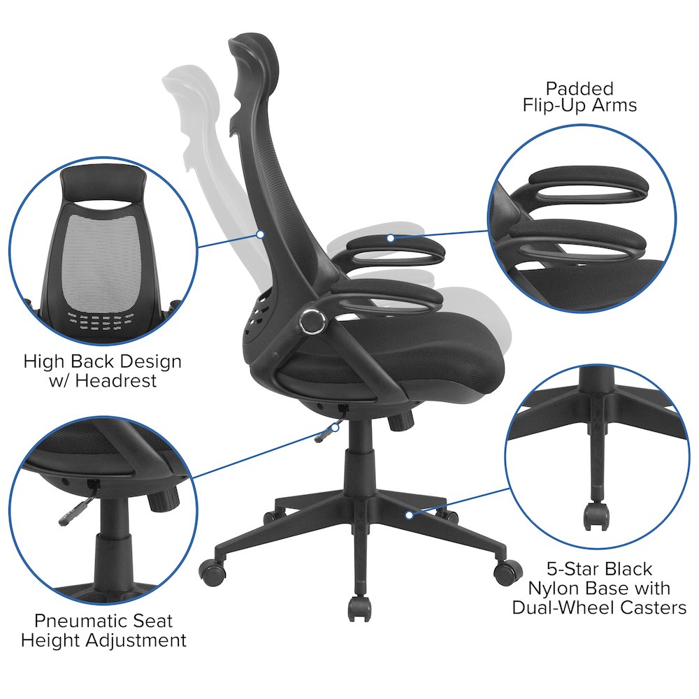 High Back Black Mesh Executive Swivel Office Chair with Flip-Up Arms. Picture 5
