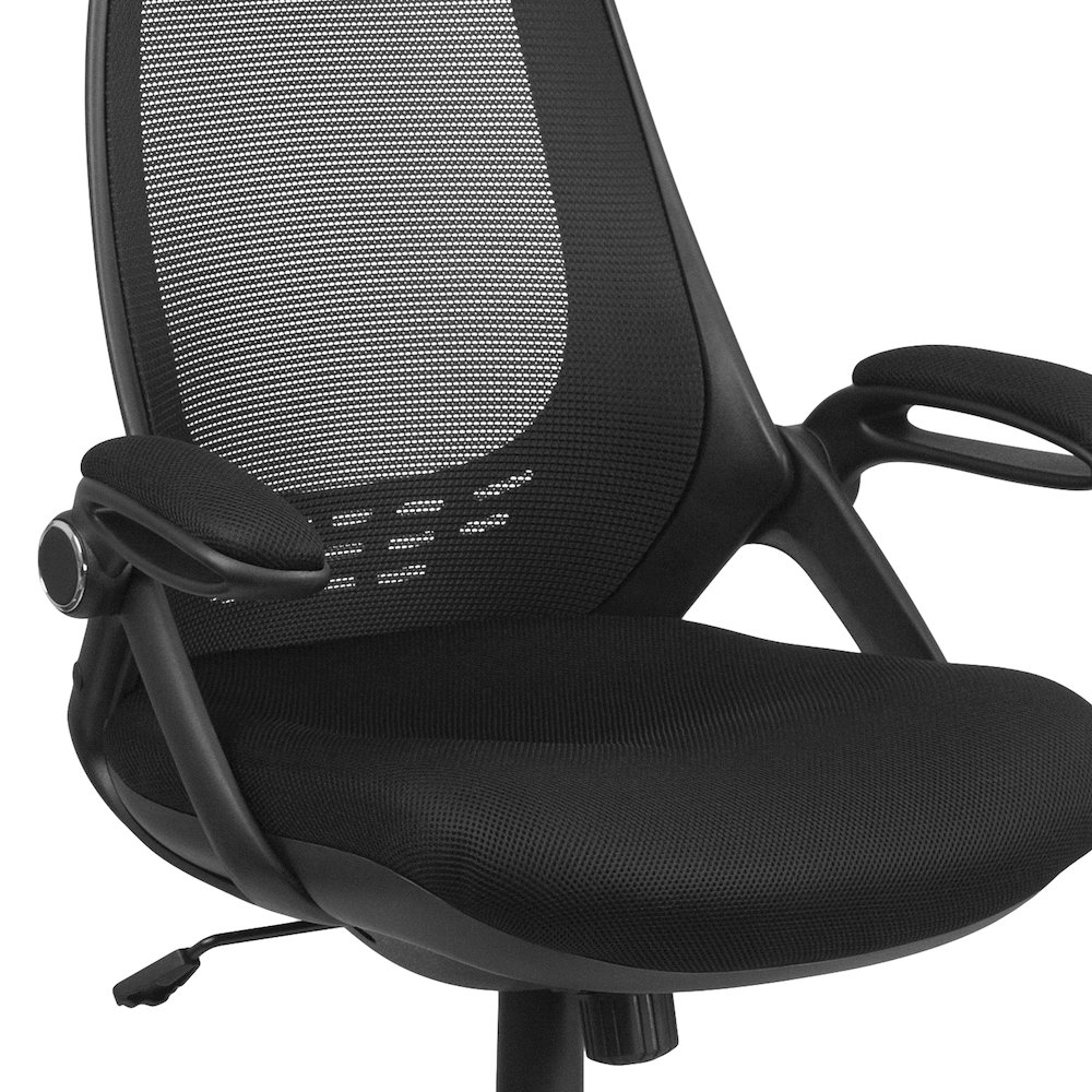 High Back Black Mesh Executive Swivel Office Chair with Flip-Up Arms. Picture 8