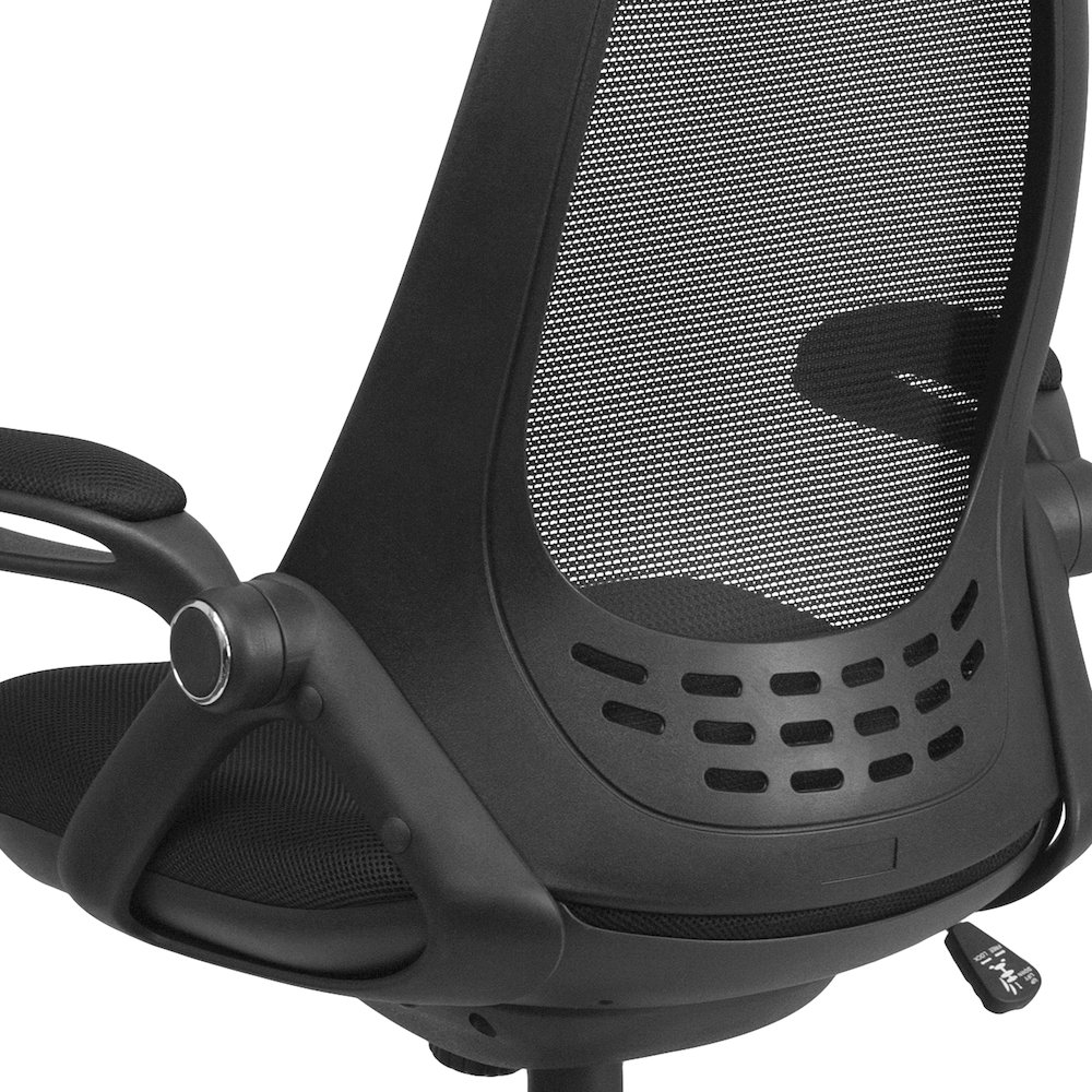 High Back Black Mesh Executive Swivel Office Chair with Flip-Up Arms. Picture 11