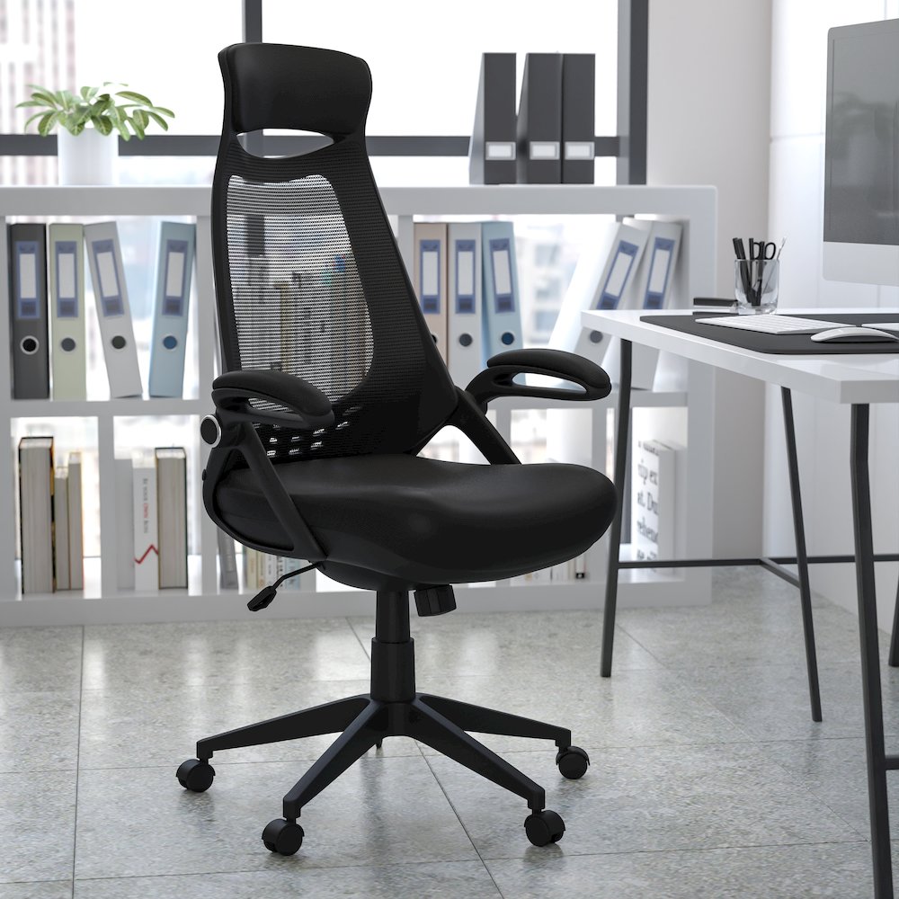 High Back Black Mesh Executive Swivel Office Chair with Flip-Up Arms. Picture 2