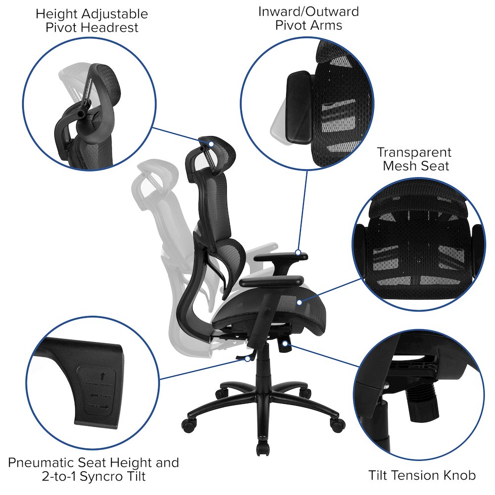 Ergonomic Mesh Office Chair with 2-to-1 Synchro-Tilt, Adjustable Headrest, Lumbar Support, and Adjustable Pivot Arms in Black. Picture 6