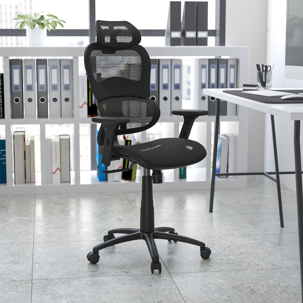 Ergonomic Mesh Office Chair with 2-to-1 Synchro-Tilt, Adjustable Headrest, Lumbar Support, and Adjustable Pivot Arms in Black. Picture 11