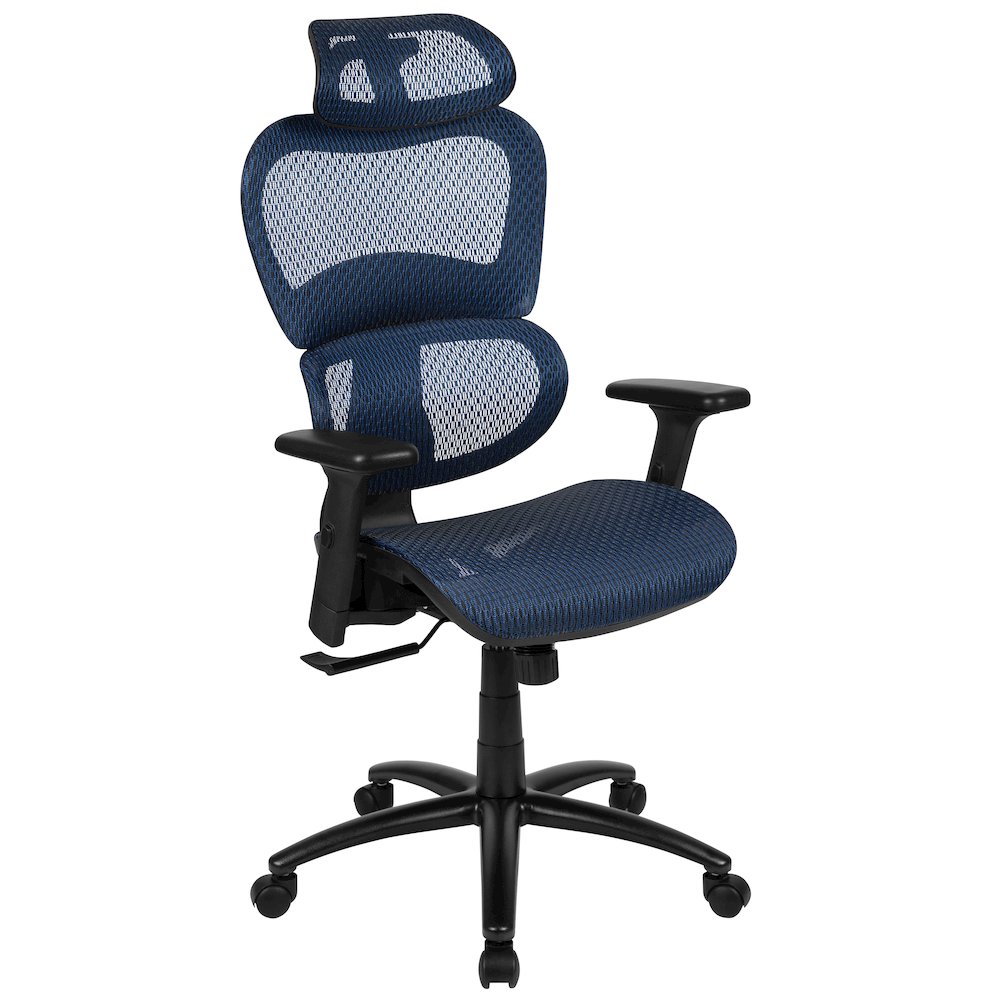 Mesh Office Chair with 2-to-1 Synchro-Tilt,  Adjustable Pivot Arms in Blue. Picture 1