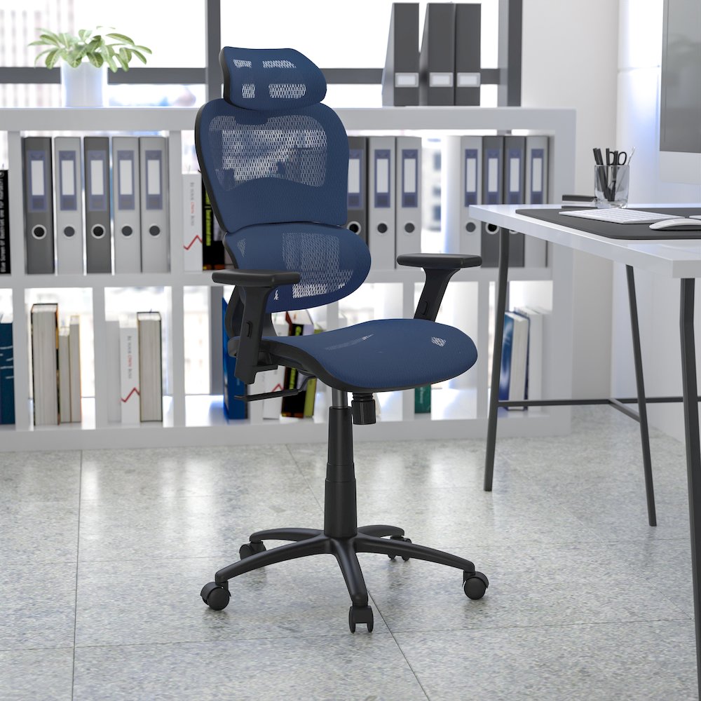 Mesh Office Chair with 2-to-1 Synchro-Tilt,  Adjustable Pivot Arms in Blue. Picture 2