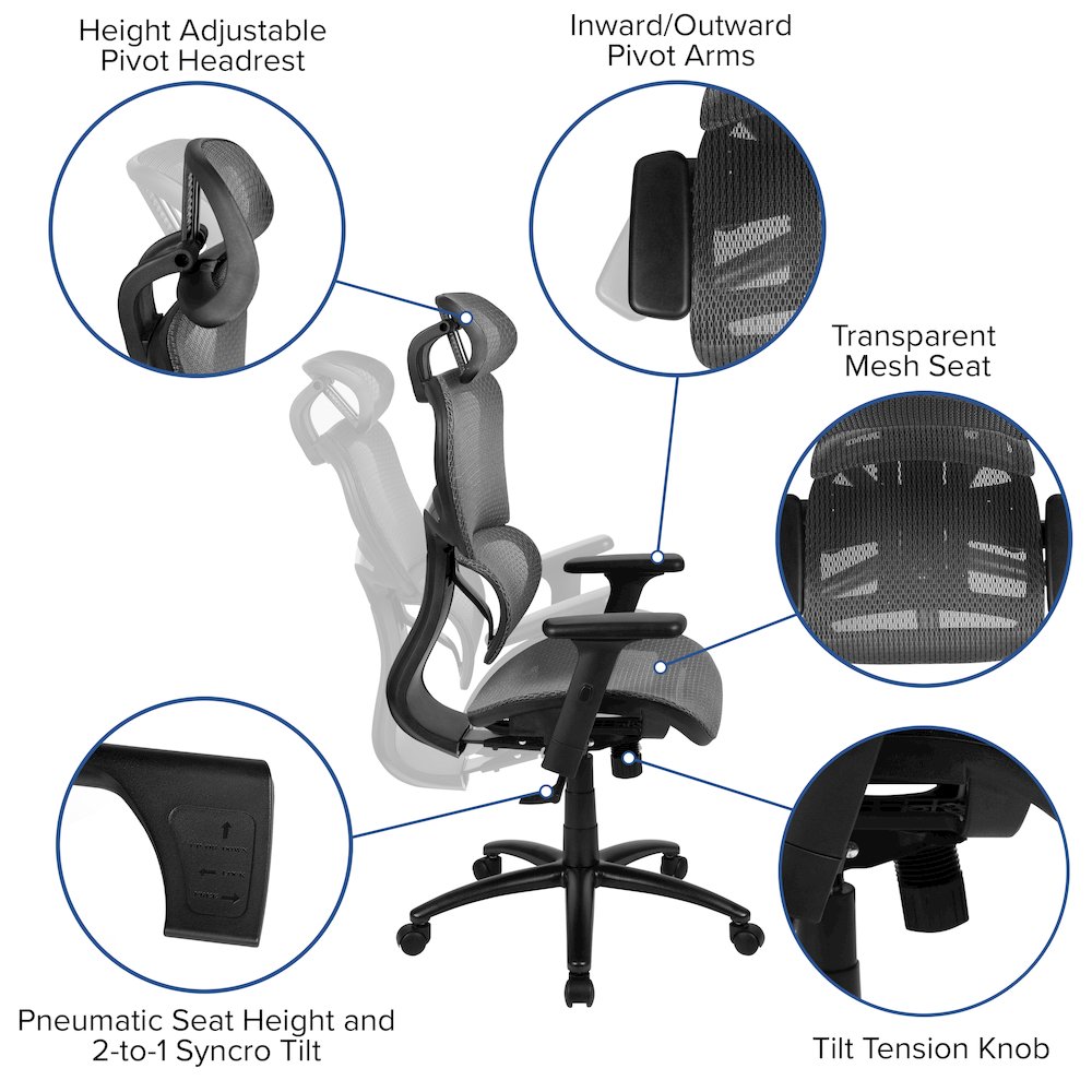 Mesh Office Chair with 2-to-1 Synchro-Tilt,  Adjustable Pivot Arms in Gray. Picture 4