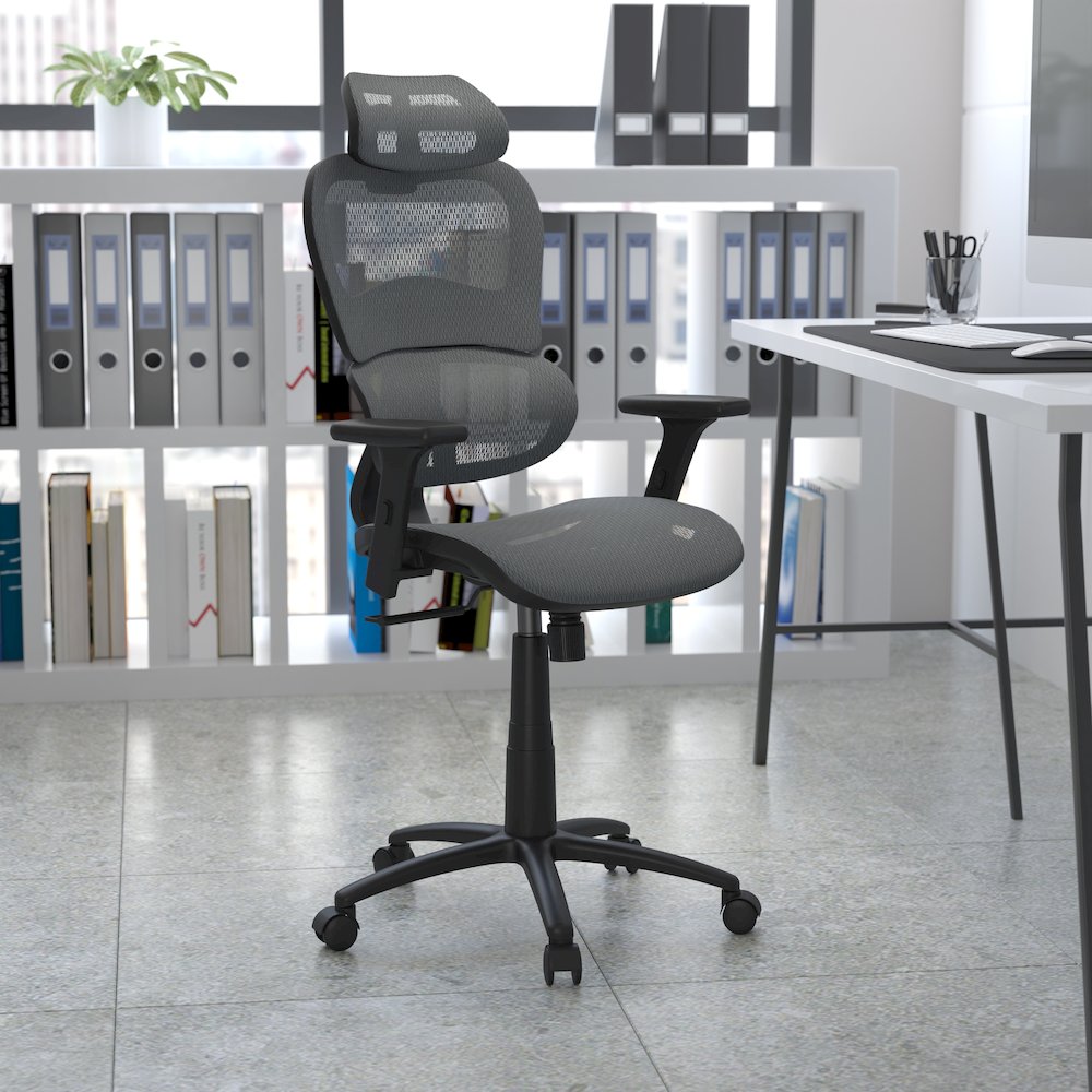 Mesh Office Chair with 2-to-1 Synchro-Tilt,  Adjustable Pivot Arms in Gray. Picture 2
