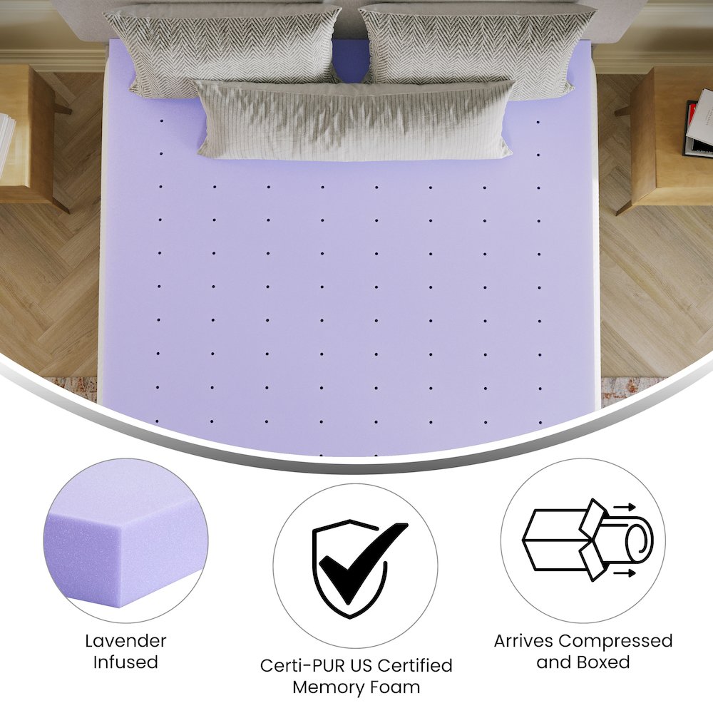 Three-Inch Lavender Infused Queen Memory Foam Mattress Topper, Purple. Picture 4