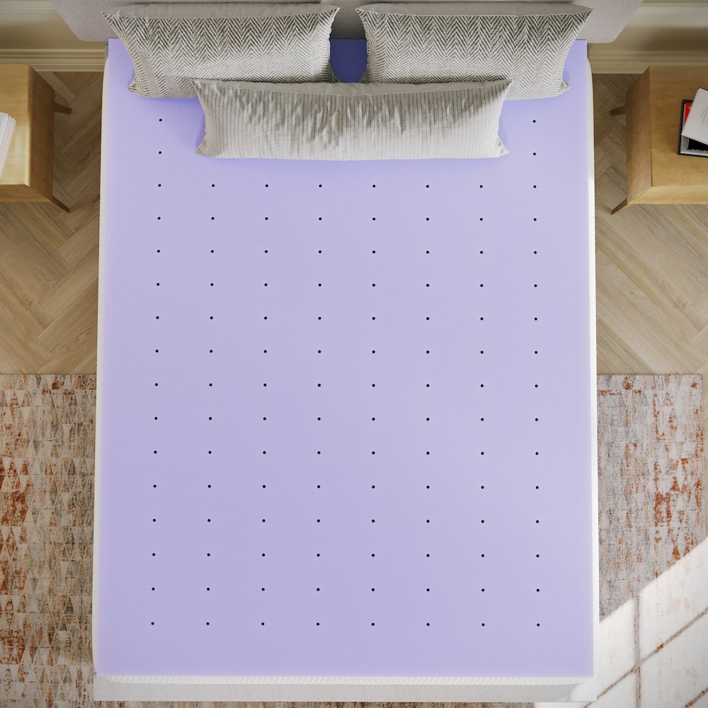 Three-Inch Lavender Infused Queen Memory Foam Mattress Topper, Purple. Picture 3