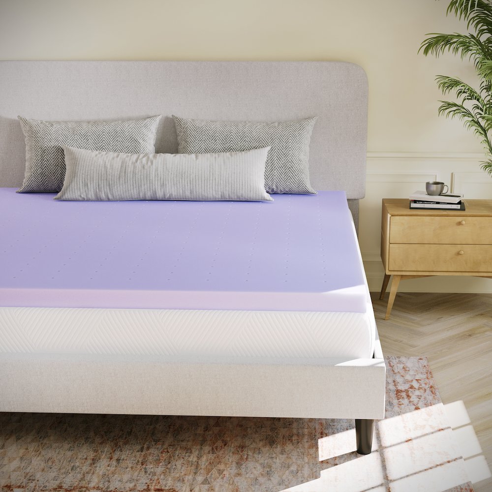 Three-Inch Lavender Infused Queen Memory Foam Mattress Topper, Purple. Picture 6