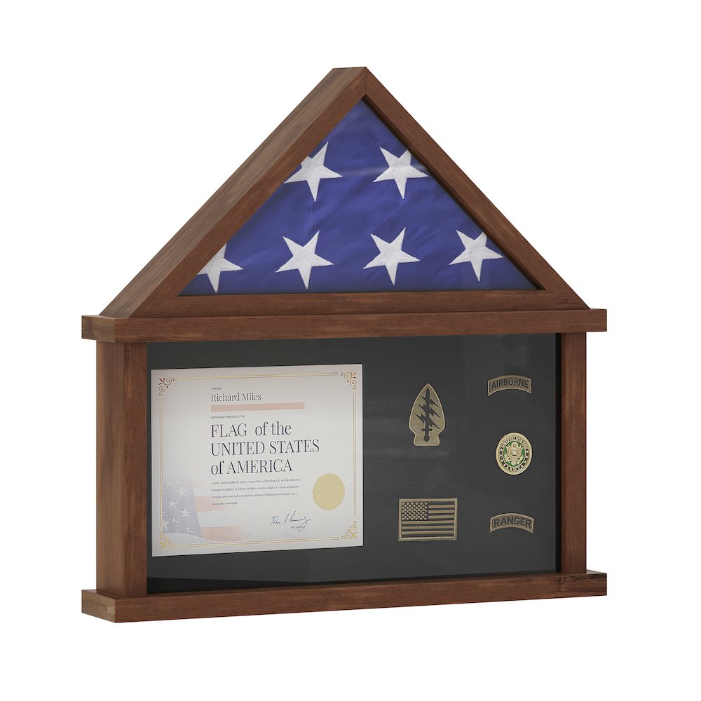 Solid Pine Wood Flag Shadow Box Fits 9x5 Folded Burial Flag, Dark Brown Finish. Picture 1