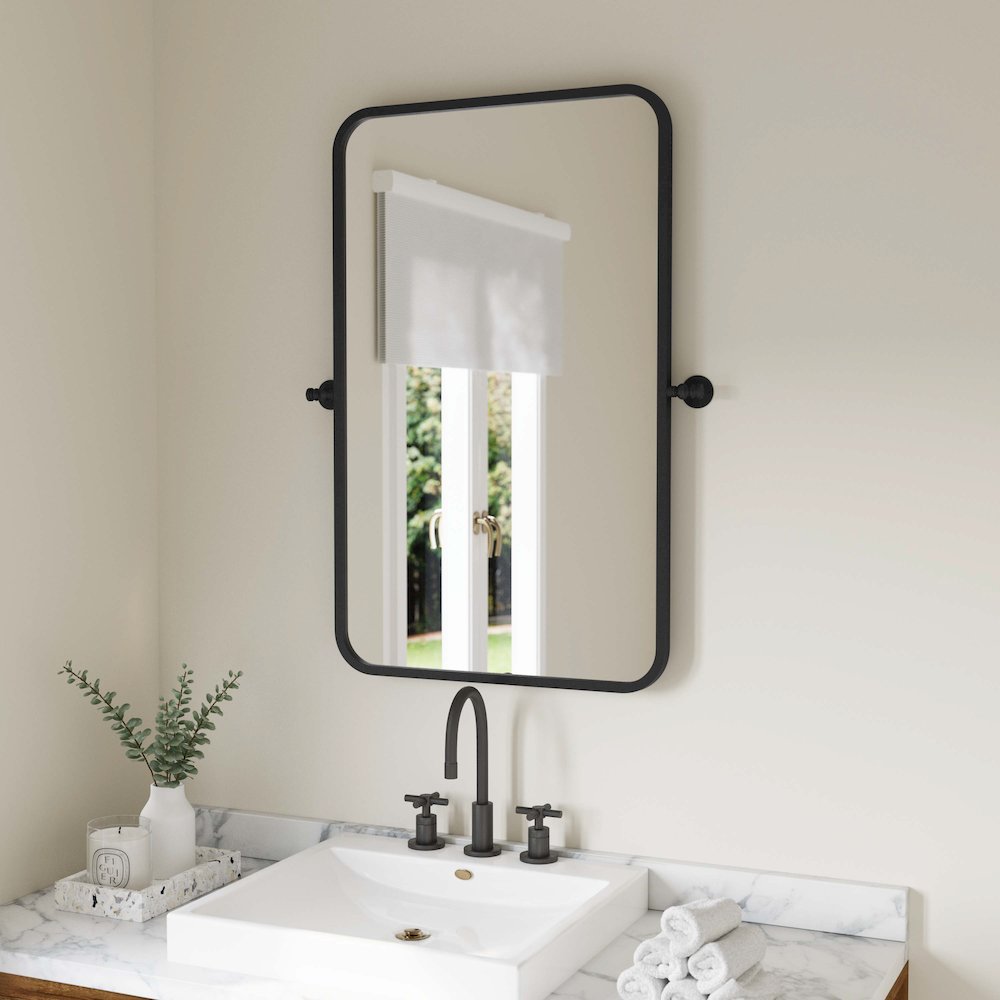 Finlay 35" x 27" Metal Pivot Wall Mirror - Large Accent Vanity Mirror, Black. Picture 6