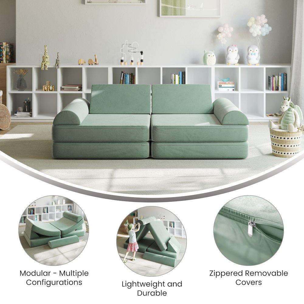 56" Modular Kids Play Couch with 6 Soft Foam Sectional Sofa Pieces in Sage. Picture 8