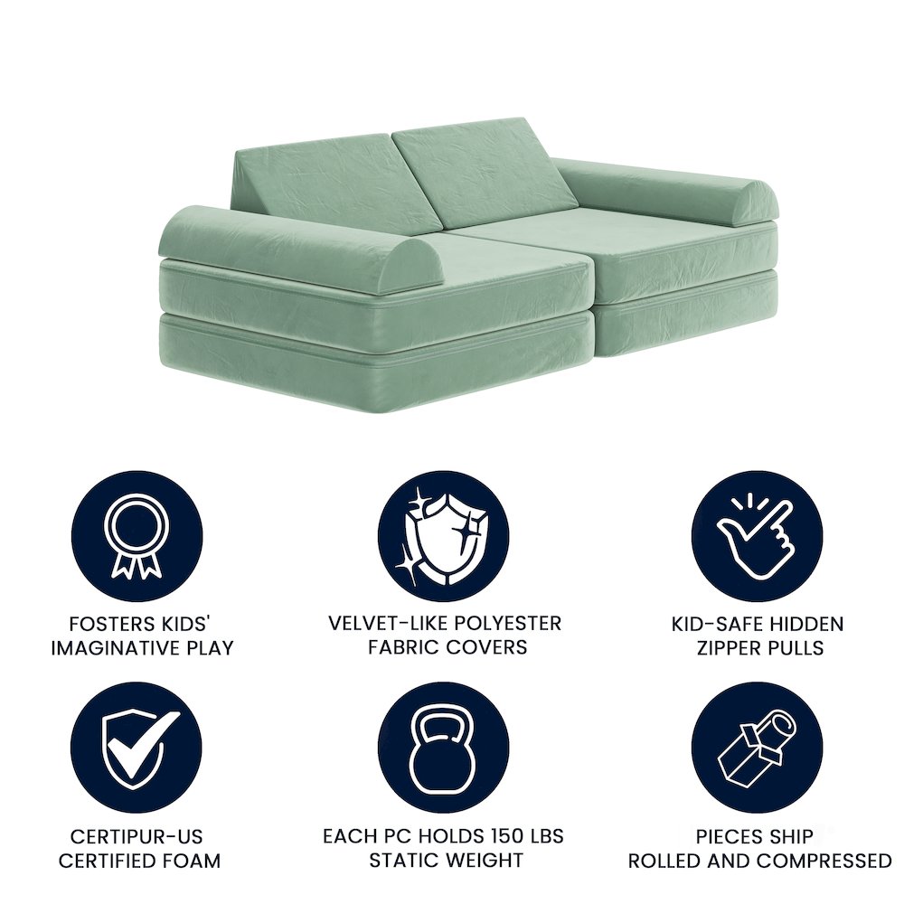 56" Modular Kids Play Couch with 6 Soft Foam Sectional Sofa Pieces in Sage. Picture 7