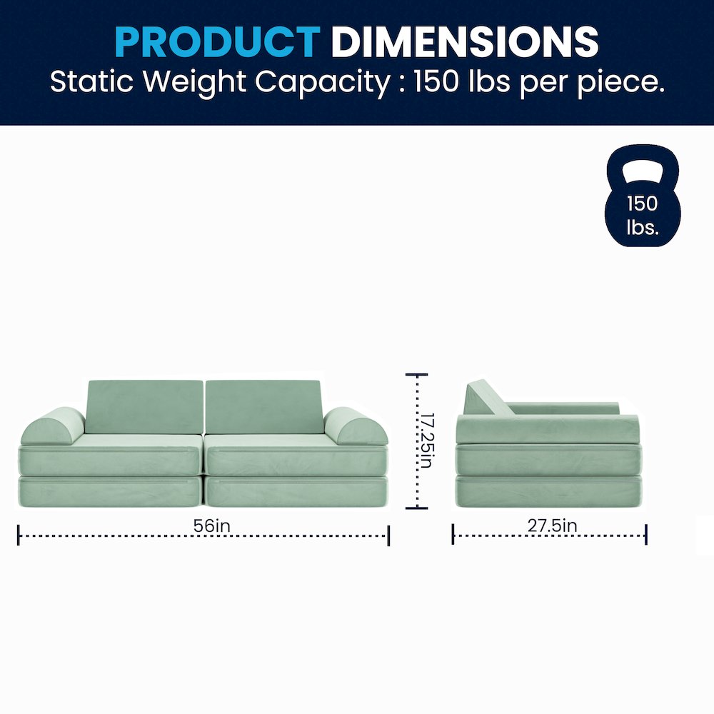 56" Modular Kids Play Couch with 6 Soft Foam Sectional Sofa Pieces in Sage. Picture 10
