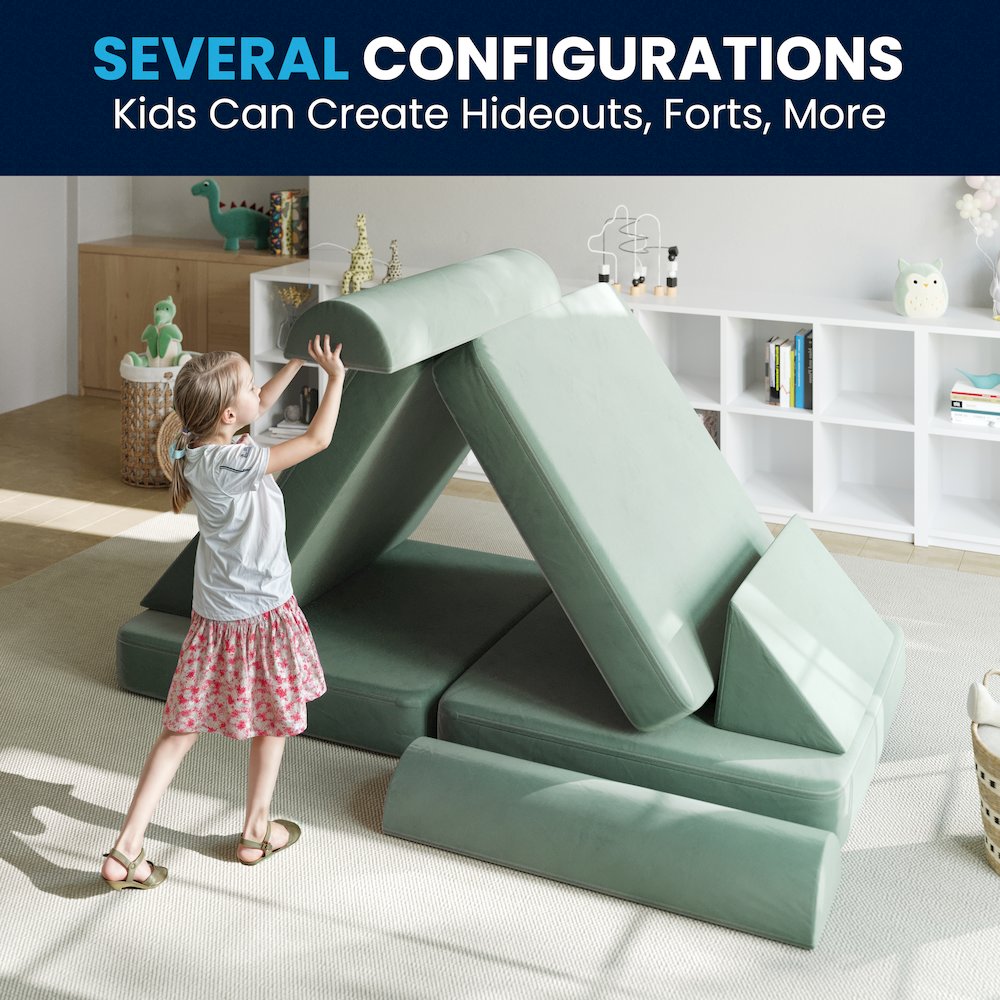 56" Modular Kids Play Couch with 6 Soft Foam Sectional Sofa Pieces in Sage. Picture 4