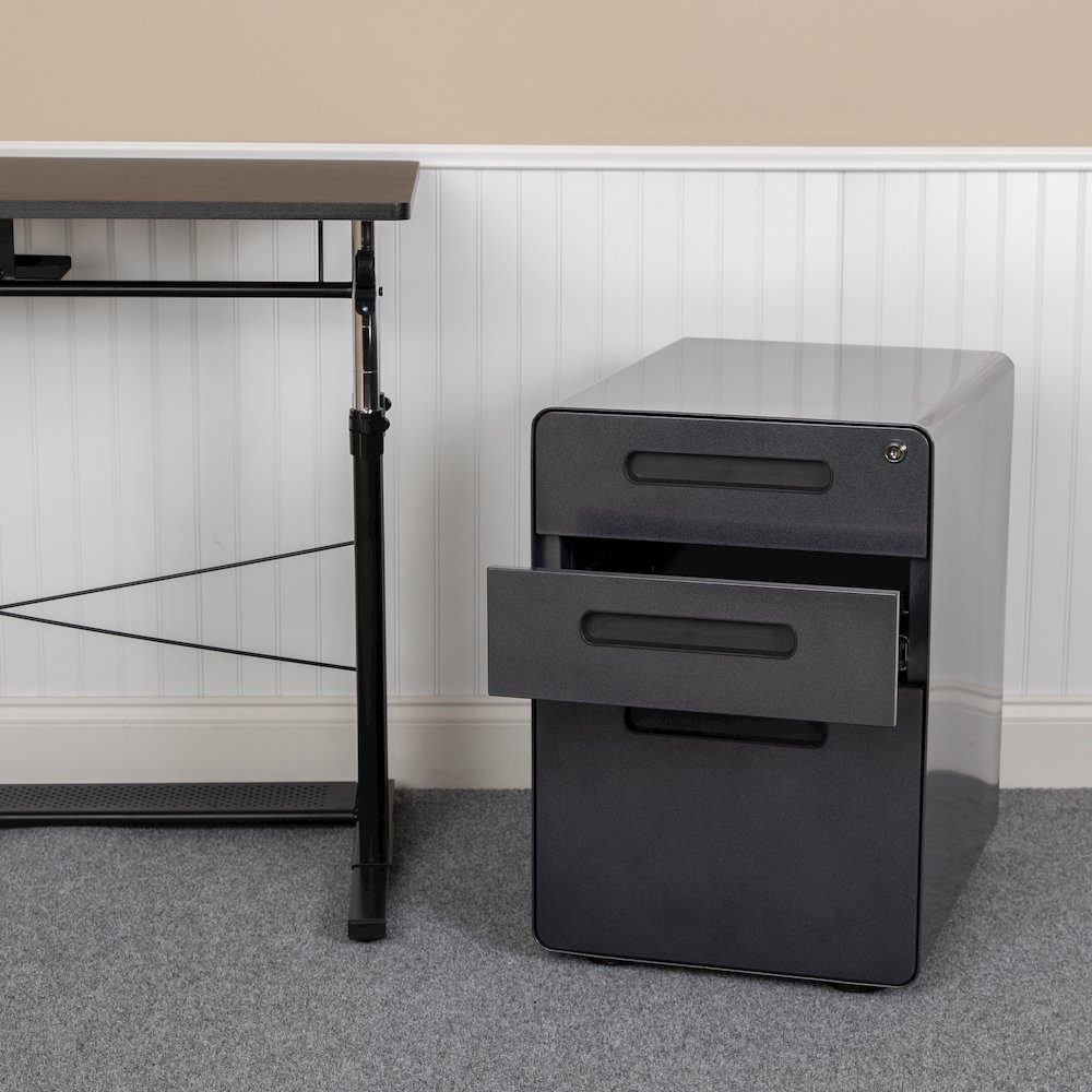 3-Drawer Mobile Locking Filing Cabinet with Anti-Tilt Mechanism, Black. Picture 2