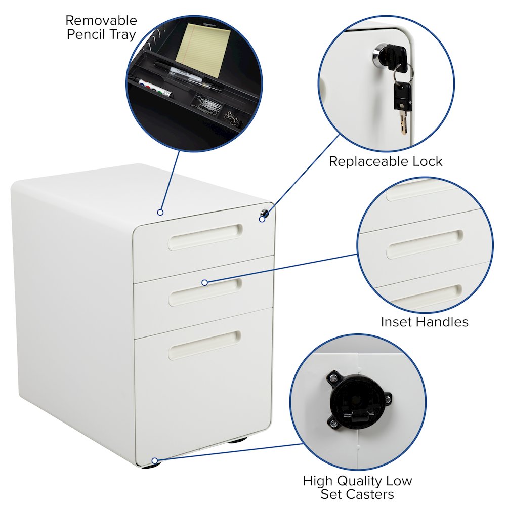 3-Drawer Mobile Locking Filing Cabinet with Anti-Tilt Mechanism, White. Picture 5
