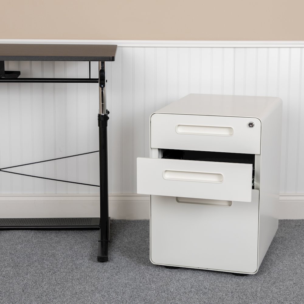 3-Drawer Mobile Locking Filing Cabinet with Anti-Tilt Mechanism, White. Picture 2