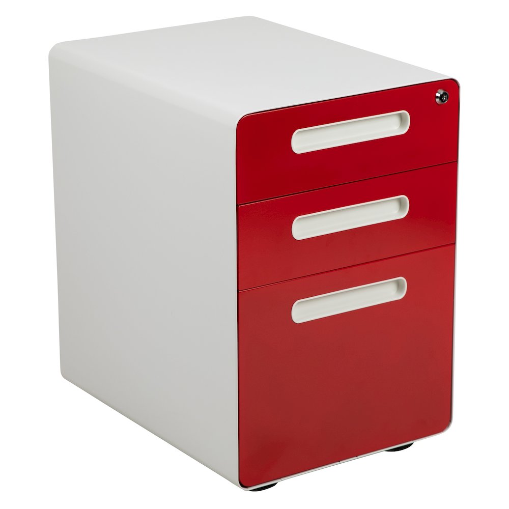 3-Drawer Mobile Locking Filing Cabinet, White with Red Faceplate. Picture 1