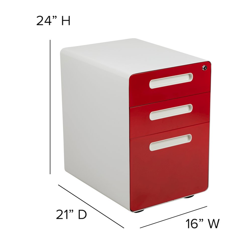 3-Drawer Mobile Locking Filing Cabinet, White with Red Faceplate. Picture 6