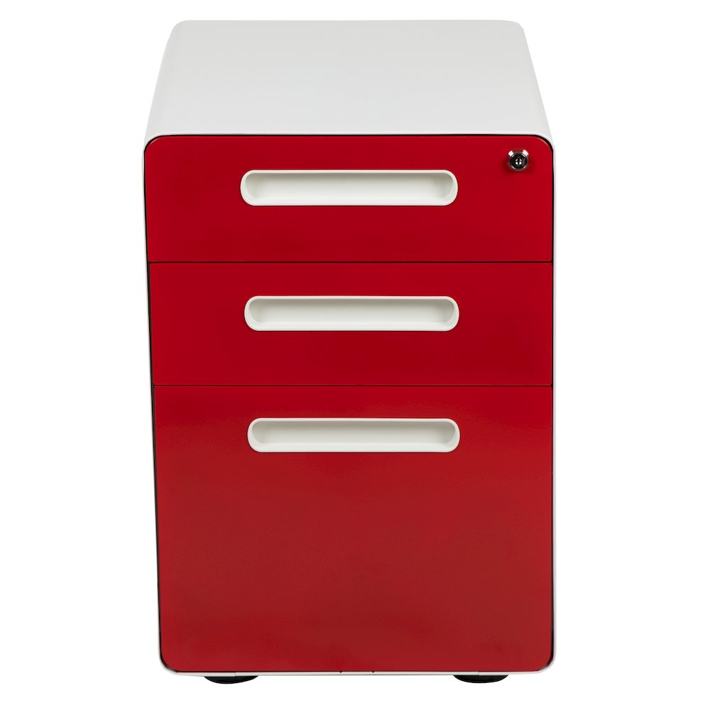 3-Drawer Mobile Locking Filing Cabinet, White with Red Faceplate. Picture 10