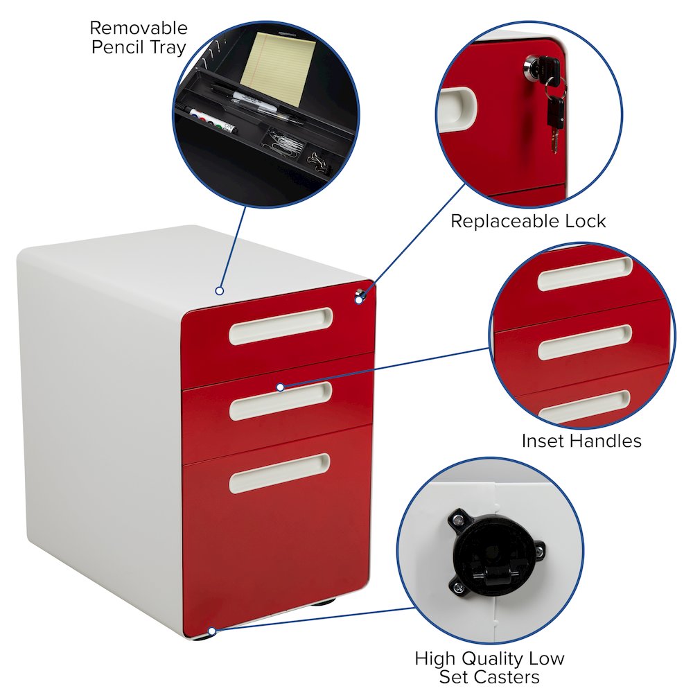3-Drawer Mobile Locking Filing Cabinet, White with Red Faceplate. Picture 5