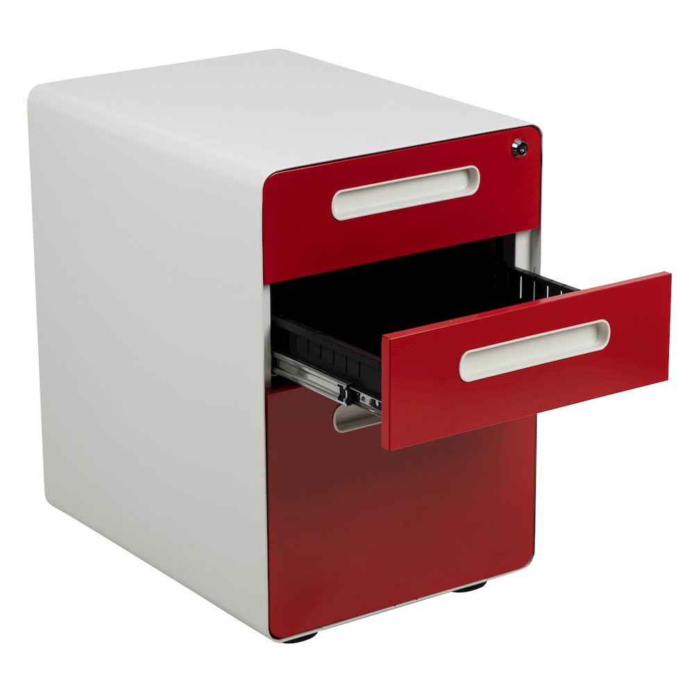 3-Drawer Mobile Locking Filing Cabinet, White with Red Faceplate. Picture 8