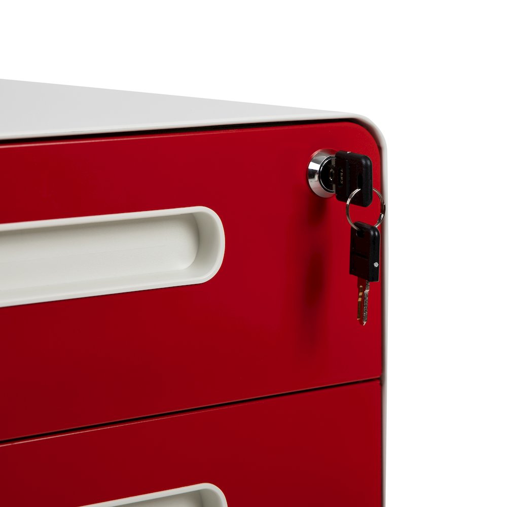 3-Drawer Mobile Locking Filing Cabinet, White with Red Faceplate. Picture 13