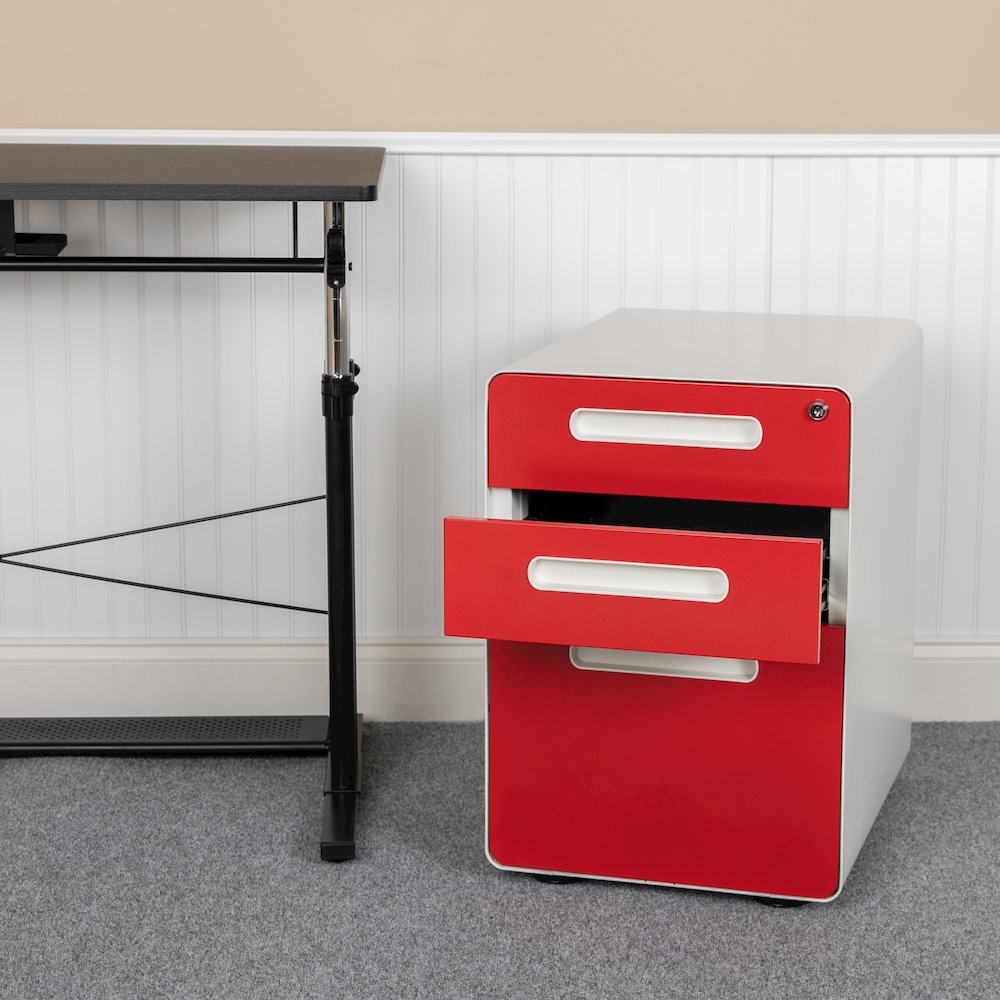 3-Drawer Mobile Locking Filing Cabinet, White with Red Faceplate. Picture 2