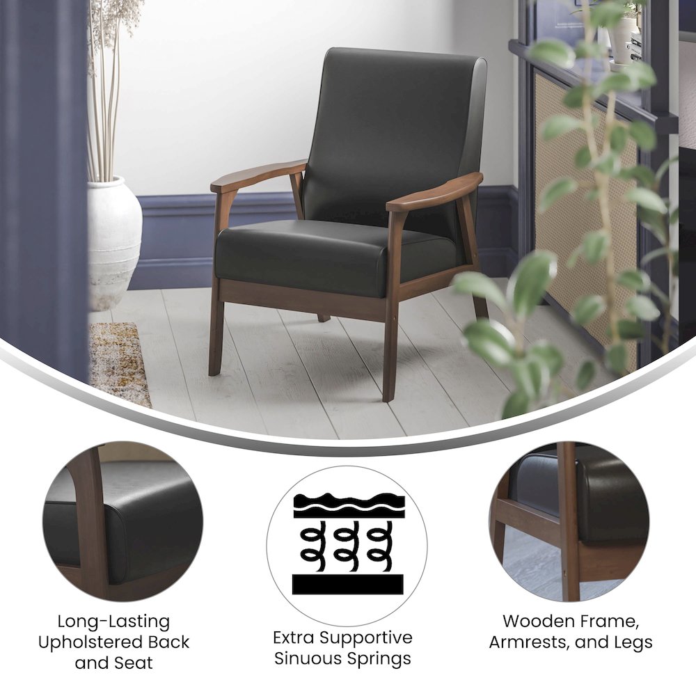 Upholstered Arm Chair with Walnut Finished Wooden Frame and Arms in Black. Picture 4