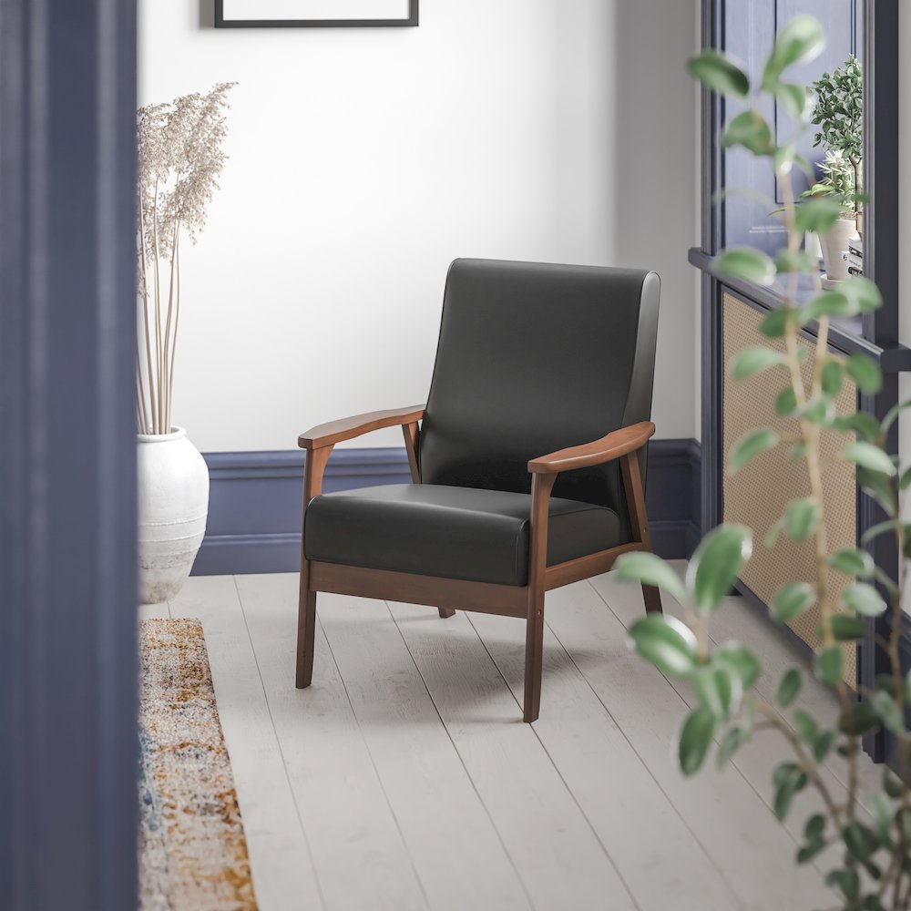 Upholstered Arm Chair with Walnut Finished Wooden Frame and Arms in Black. Picture 2