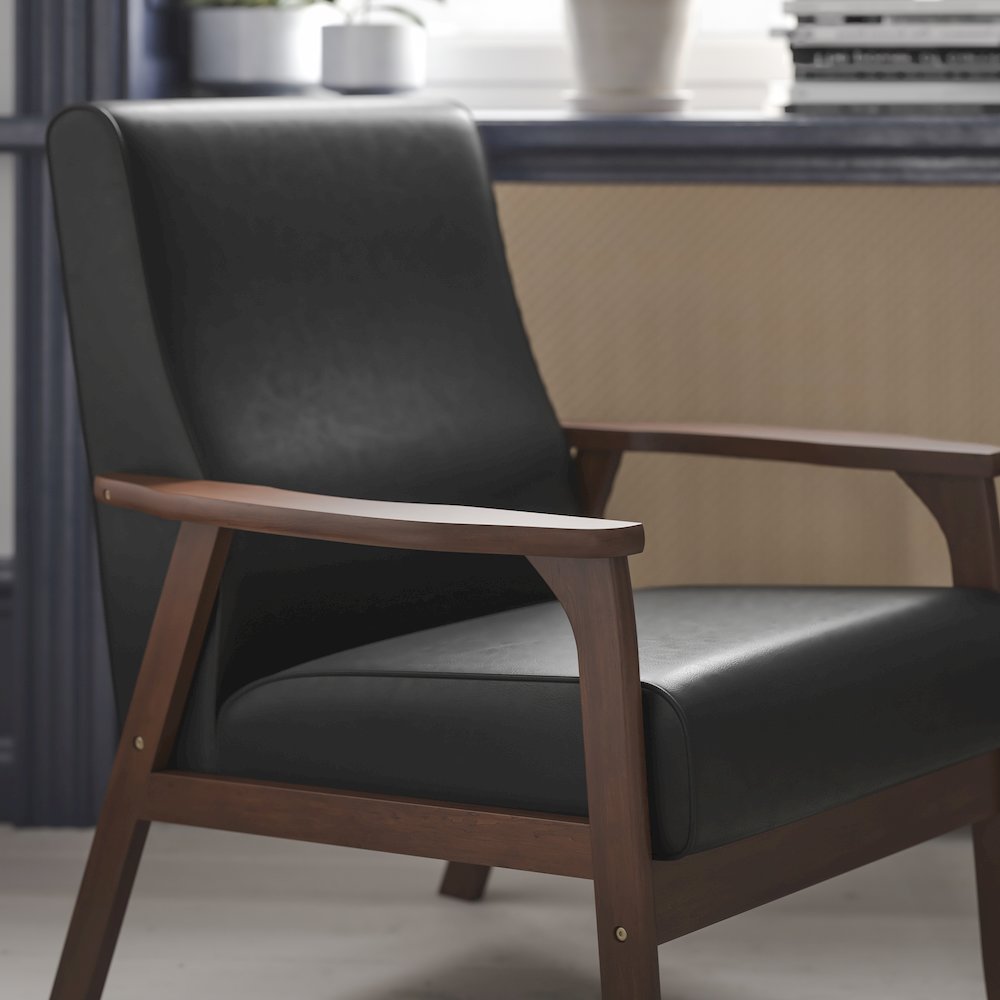 Upholstered Arm Chair with Walnut Finished Wooden Frame and Arms in Black. Picture 6