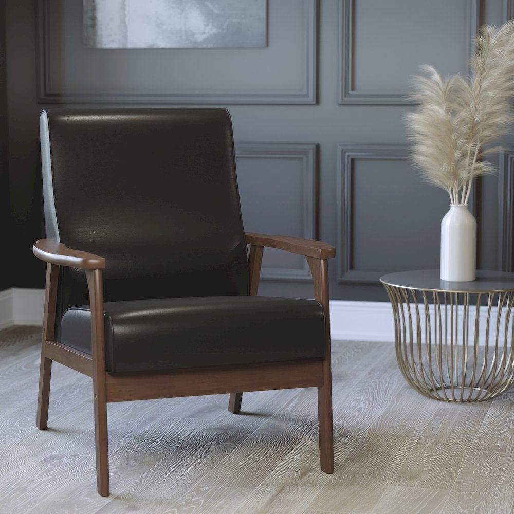 Upholstered Arm Chair with Walnut Finished Wooden Frame and Arms in Black. Picture 7