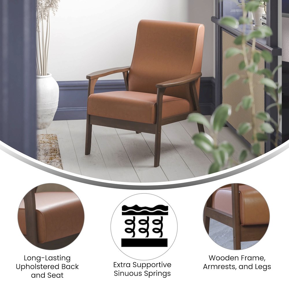 Upholstered Arm Chair with Walnut Finished Wooden Frame and Arms in Cognac. Picture 4