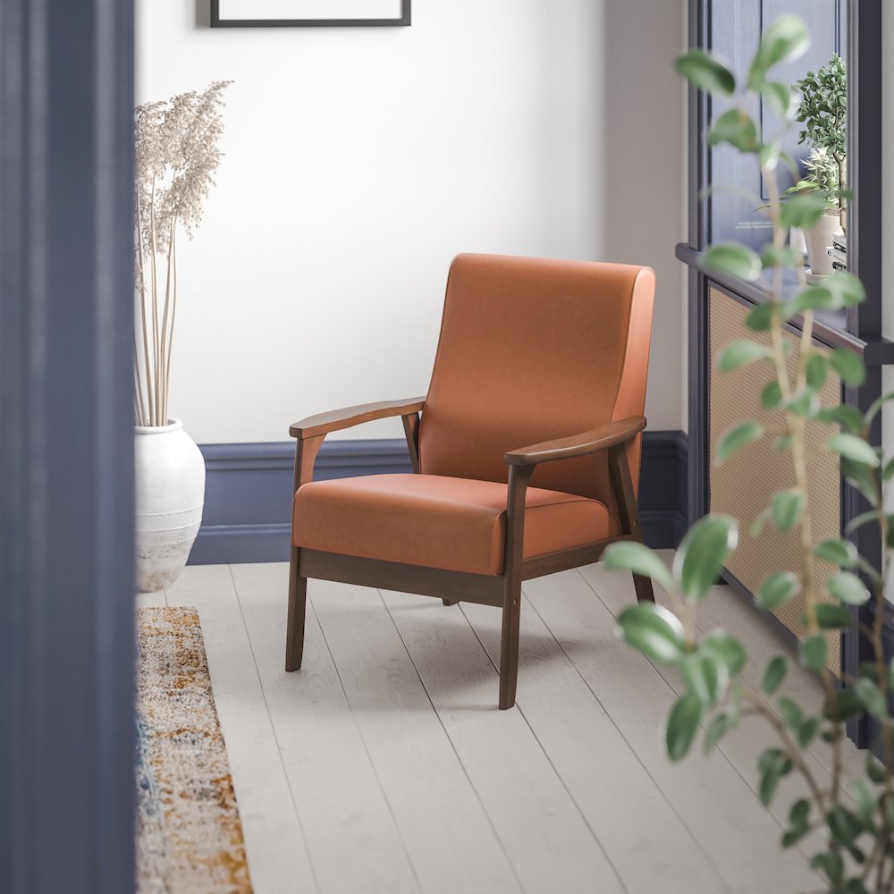 Upholstered Arm Chair with Walnut Finished Wooden Frame and Arms in Cognac. Picture 2