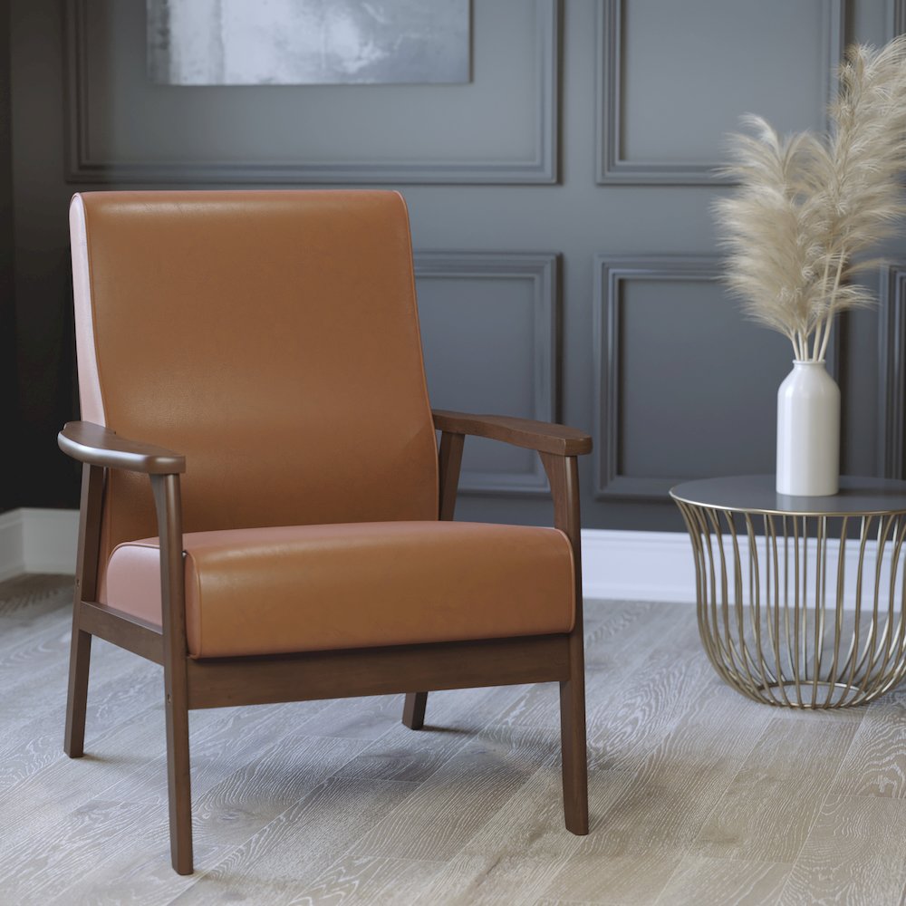 Upholstered Arm Chair with Walnut Finished Wooden Frame and Arms in Cognac. Picture 7