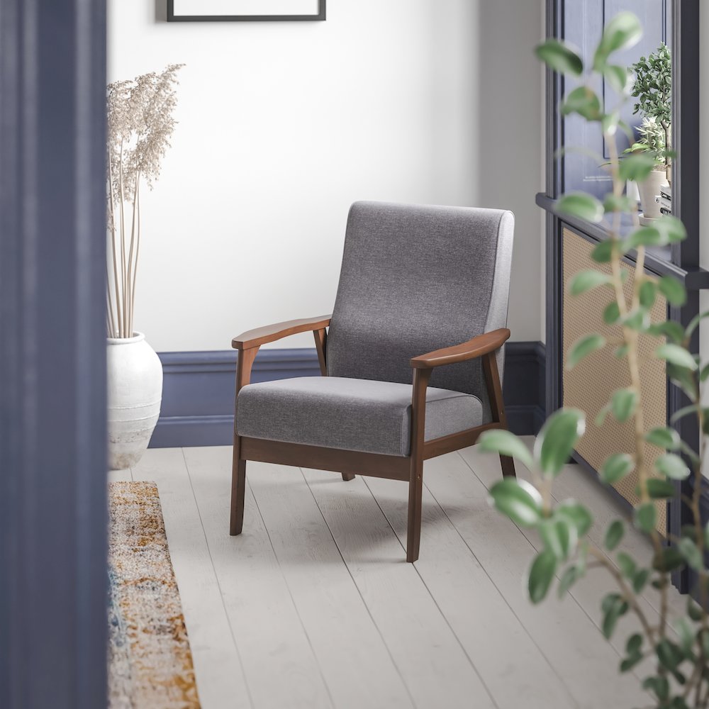 Faux Linen Upholstered Arm Chair with Walnut Finished Wooden Frame. Picture 2