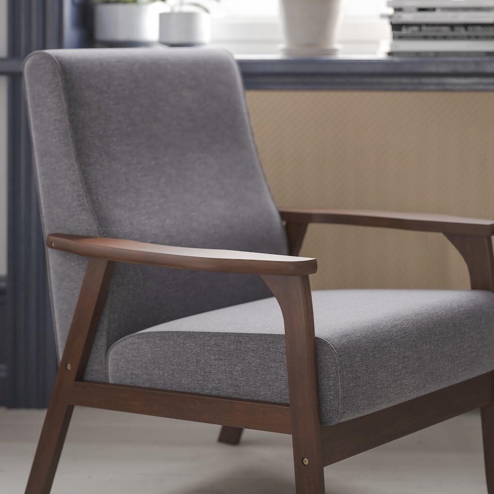 Faux Linen Upholstered Arm Chair with Walnut Finished Wooden Frame. Picture 6