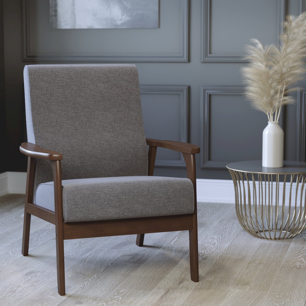 Faux Linen Upholstered Arm Chair with Walnut Finished Wooden Frame. Picture 7