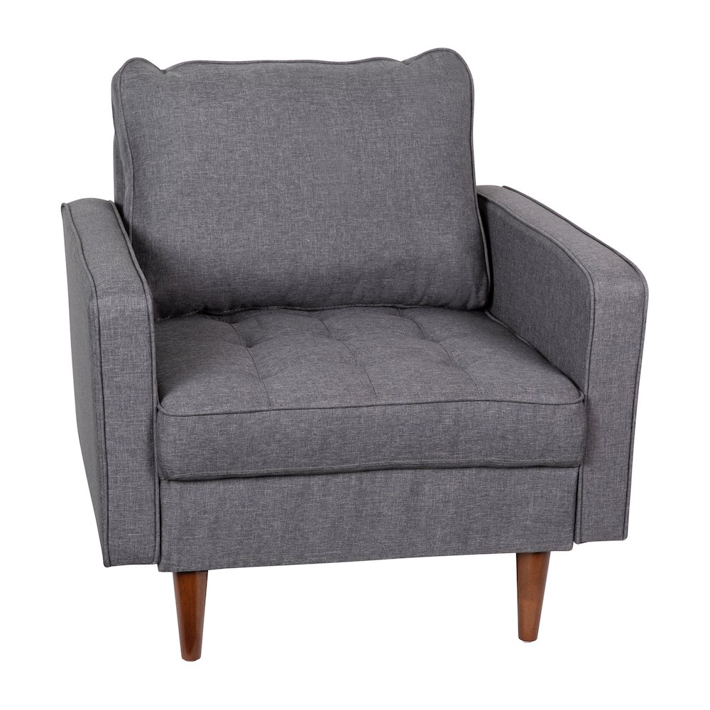 Armchair with Tufted Faux Linen Upholstery, Solid Wood Legs in Dark Gray. Picture 1