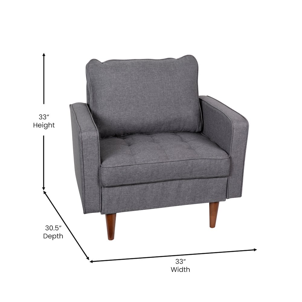 Armchair with Tufted Faux Linen Upholstery, Solid Wood Legs in Dark Gray. Picture 5