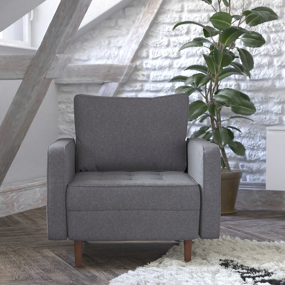 Armchair with Tufted Faux Linen Upholstery, Solid Wood Legs in Dark Gray. Picture 2