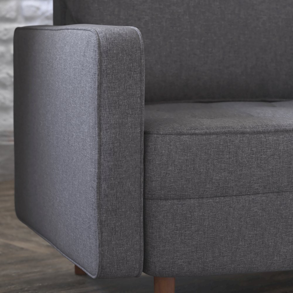 Armchair with Tufted Faux Linen Upholstery, Solid Wood Legs in Dark Gray. Picture 7