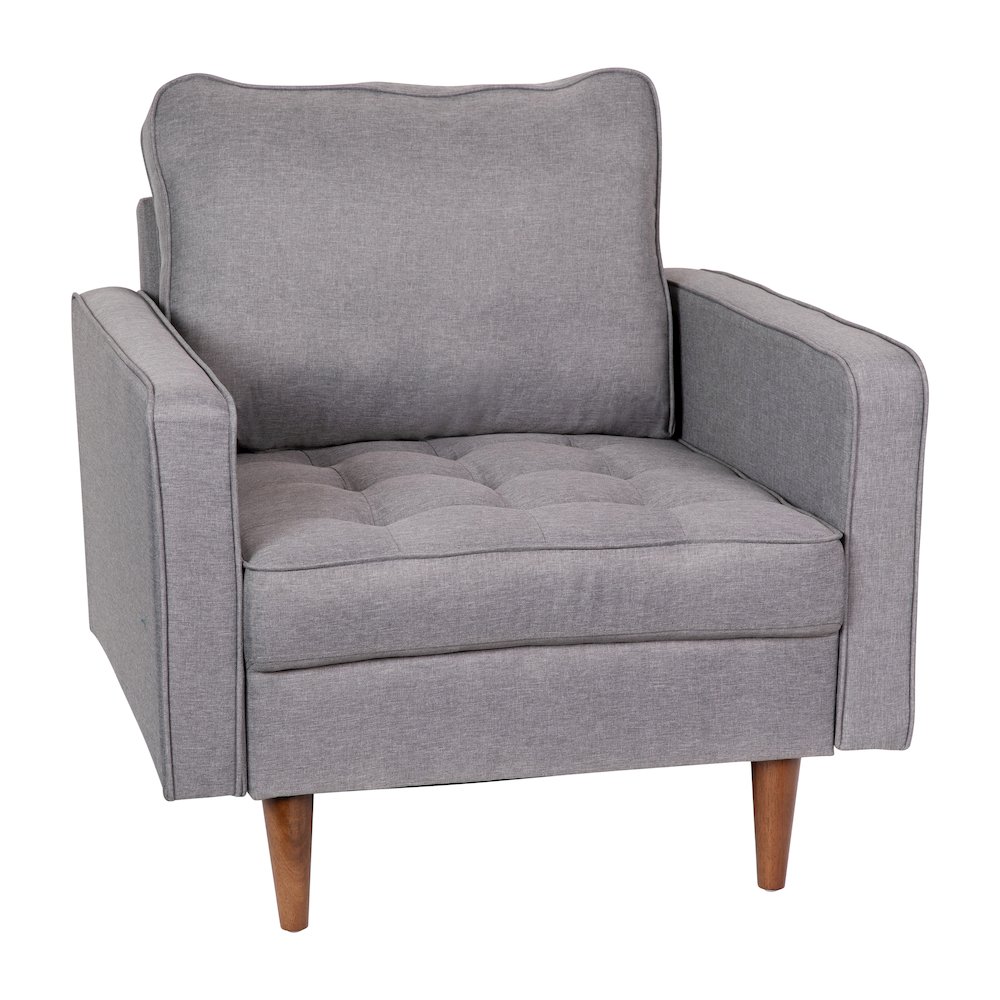 Armchair with Tufted Faux Linen Upholstery, Solid Wood Legs in Slate Gray. Picture 1