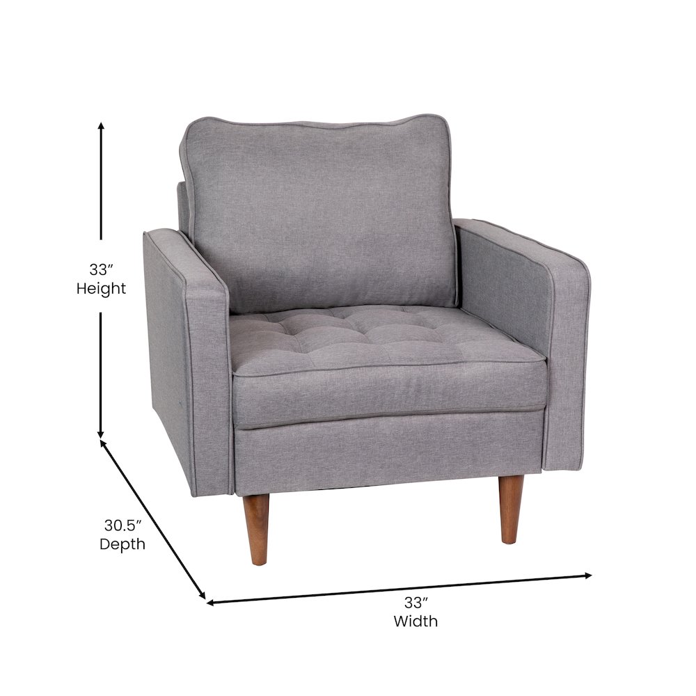 Armchair with Tufted Faux Linen Upholstery, Solid Wood Legs in Slate Gray. Picture 5